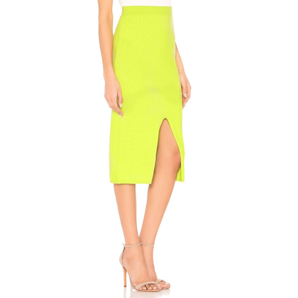 NWT Free People Skyline Midi Skirt Neon Lime Ribbed Knit Bodycon Slit S Bright - Picture 2 of 16